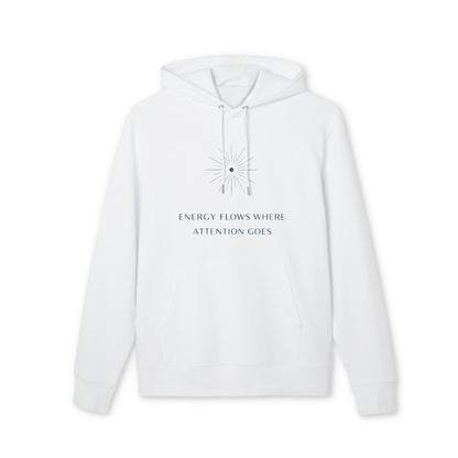 Energy Flows Yoga Hoodie 100% Organic Cotton sudadera con capucha unisex blanca, algodón orgánico cepillado, frase “Energy flows where attention goes”