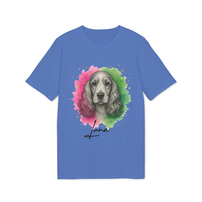Alt Tag: English Cocker Spaniel Personalized Dog Premium Unisex T-Shirt azul con retrato de cocker y nombre personalizado Luna