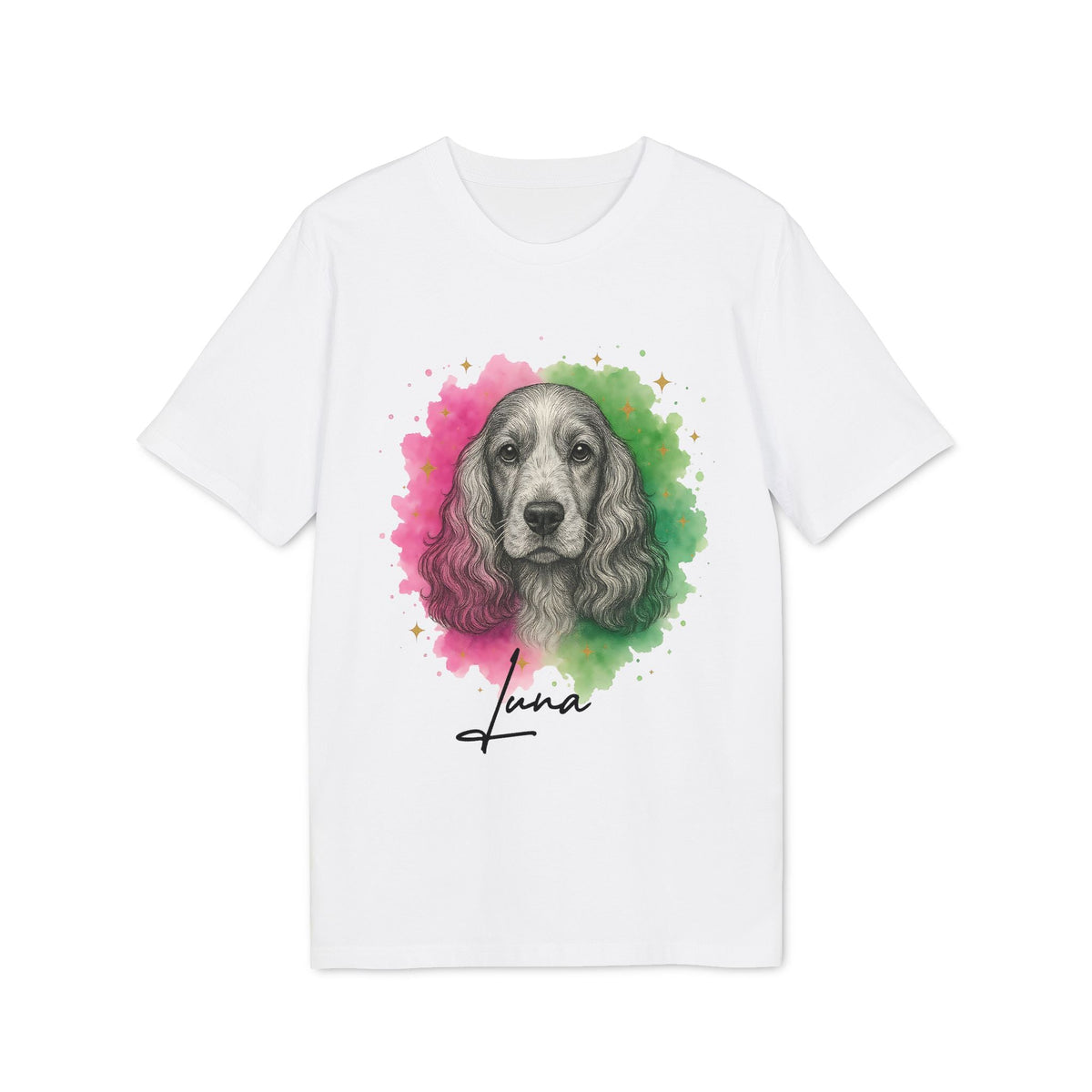 English Cocker Spaniel Personalized Dog Premium Unisex T-Shirt white tee with watercolor spaniel portrait and name Luna