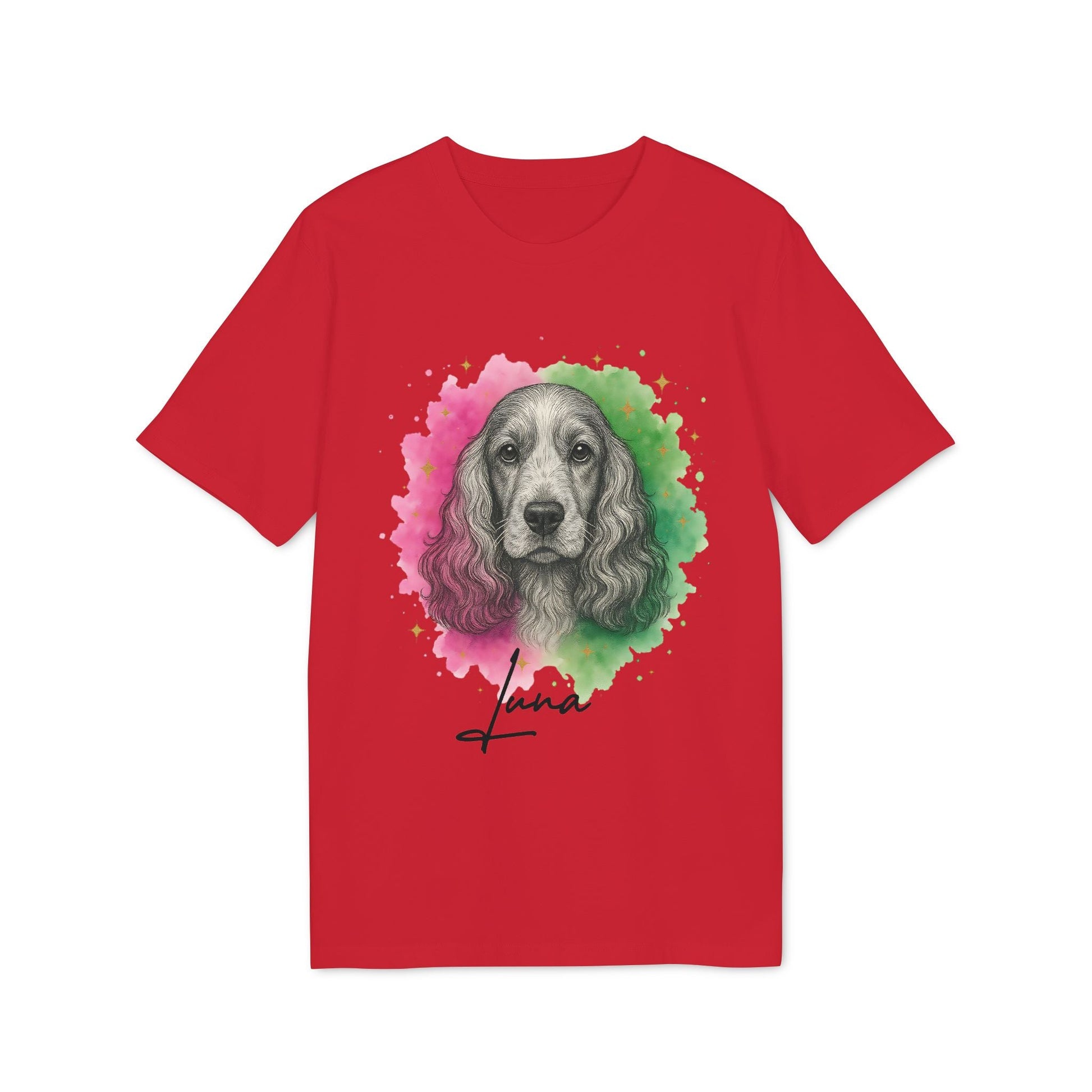 Alt Tag: English Cocker Spaniel Personalized Dog Premium Unisex T-Shirt red tee with watercolor spaniel portrait and custom name