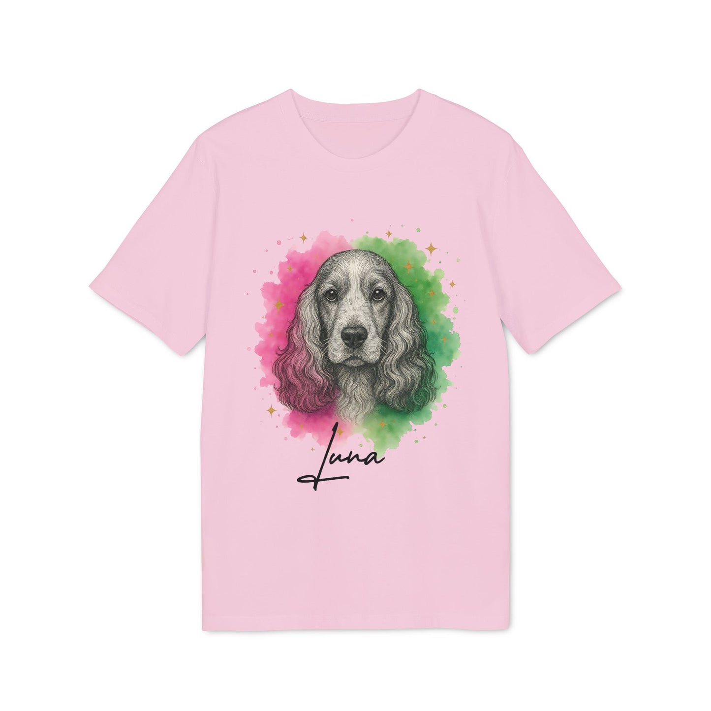 English Cocker Spaniel Personalized Dog Premium Unisex T-Shirt in pink with watercolor spaniel portrait and Luna name script