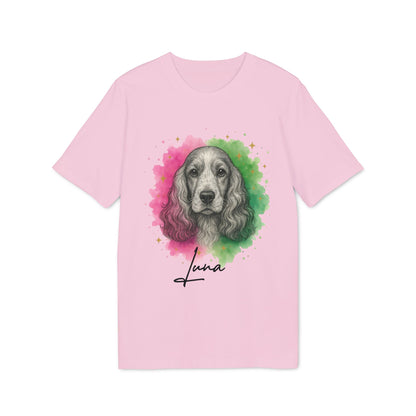 English Cocker Spaniel Personalized Dog Premium Unisex T-Shirt in pink with watercolor spaniel portrait and Luna name script