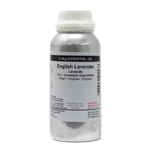 Alt Tag: English Lavender Essential Oil – 0.5 KG bottle, Lavandula angustifolia essential oil, 0.5kg packaging label