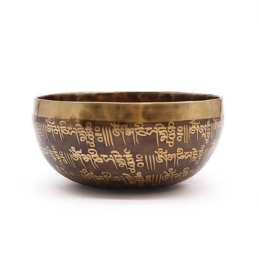 Engraved Mantra Singing Bowl – 16CM Tibetan singing bowl with engraved mantra script, bronze finish, meditation and sound ritual instrument