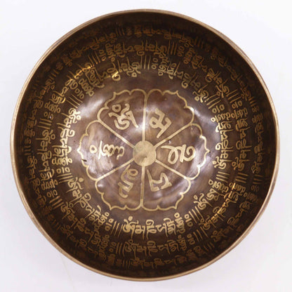 Alt Tag: Engraved Mantra Singing Bowl – 16CM with Tibetan mantra engravings inside, bronze metal meditation bowl close-up