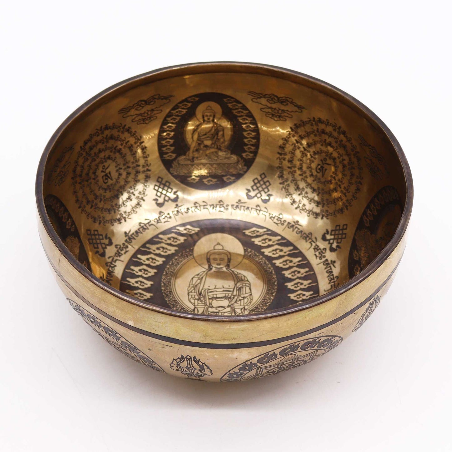 Alt-Tag: Gravierte tibetische Klangschale – 21CM Fünf Buddhas, handgravierte Nepalmessing-Schale mit Motiven der fünf Dhyani-Buddhas