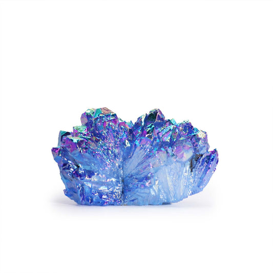 Alt Tag: Enhanced Quartz Geode – 100-150G 7-10CM, geoda de cuarzo mejorada azul iridiscente tipo aura sobre fondo blanco