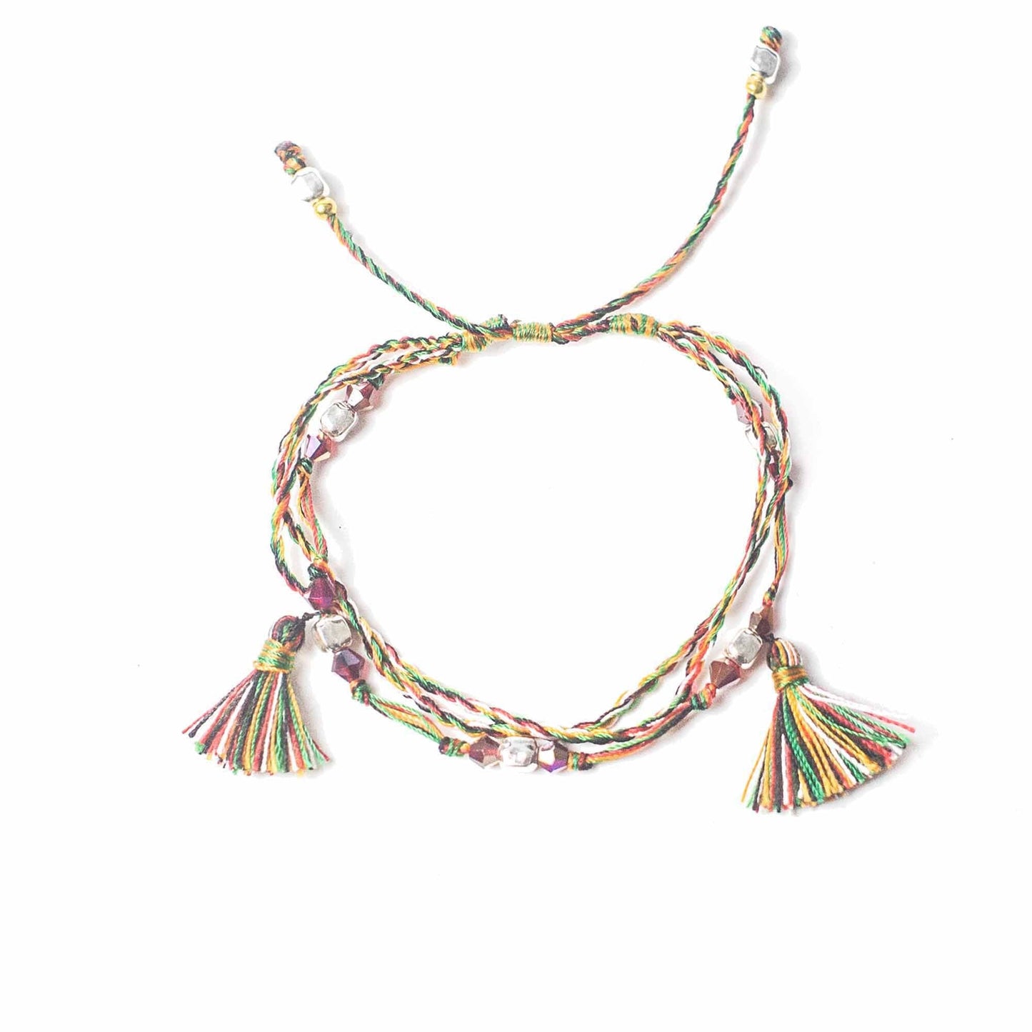 Enlightenment String Bracelet – Power of Belief multicolor braided string bracelet with tassels and beads, adjustable handmade style