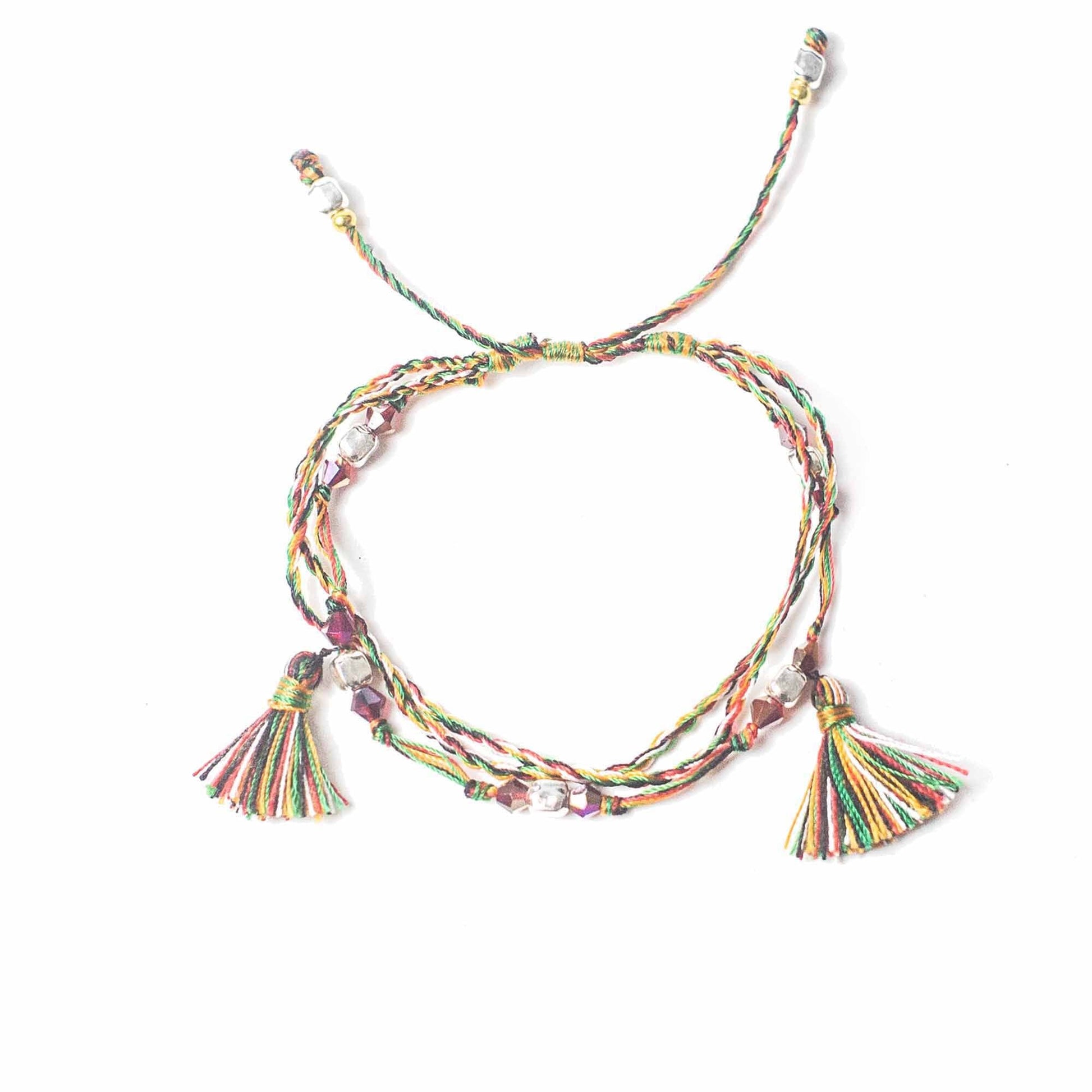 Enlightenment String Bracelet – Power of Belief multicolor braided string bracelet with tassels and beads, adjustable handmade style