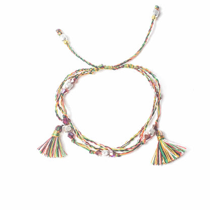 Enlightenment String Bracelet – Power of Belief multicolor braided string bracelet with tassels and beads, adjustable handmade style