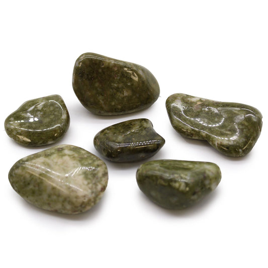 Alt Tag: Epidote Snowflake Gemstone – Large Tumble Stones Bag, natural green epidote snowflake-pattern tumbled stones on white background