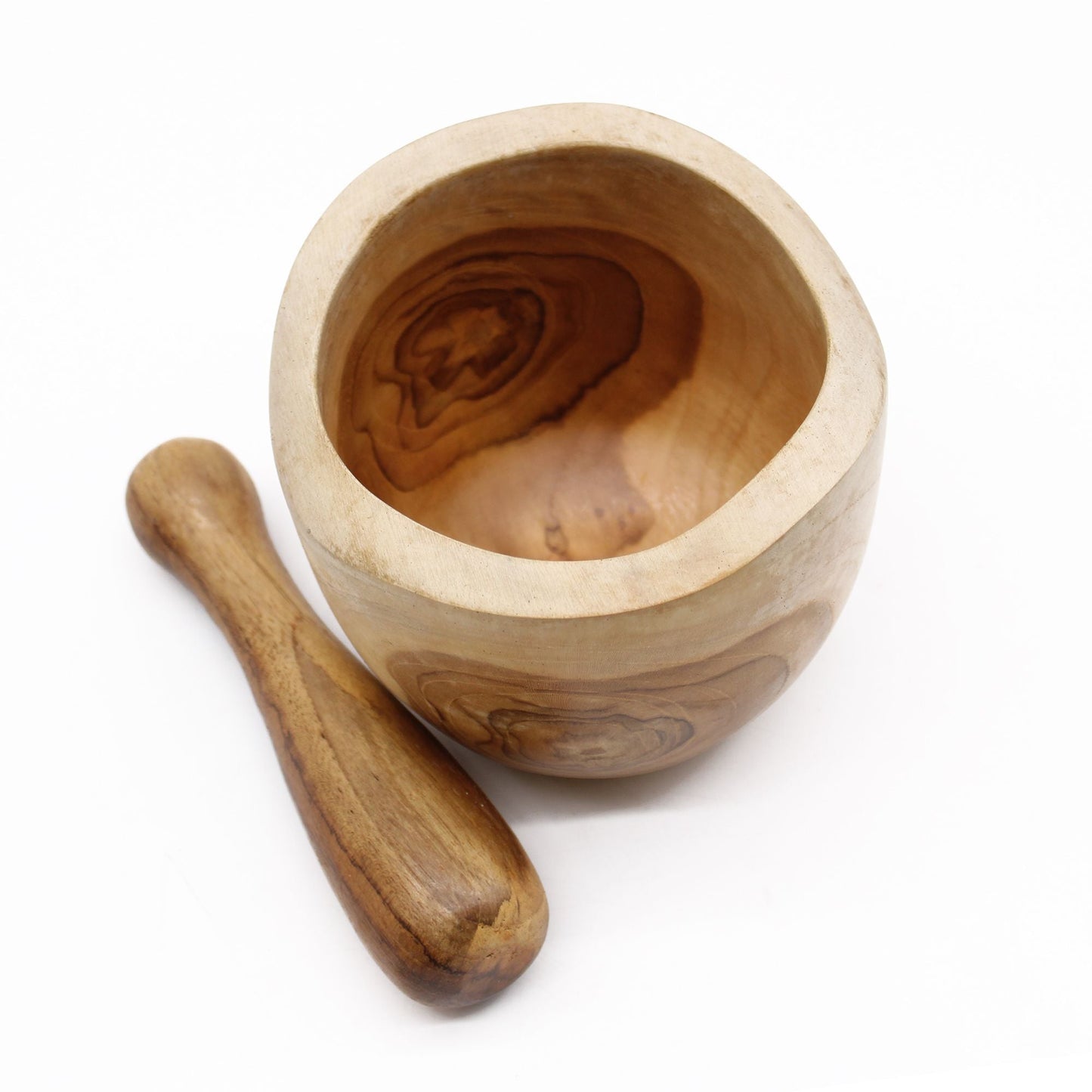 Ergo Teak Pestle & Mortar – Large, mortero y maja de madera de teca con diseño ergonómico, tamaño grande, vista superior