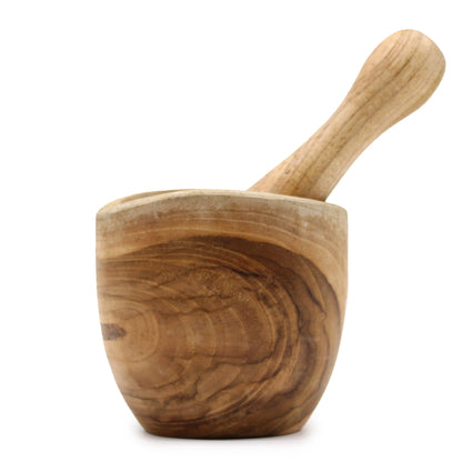 Alt Tag: Ergo Teak Pestle & Mortar – Small, teak wood mortar and pestle with ergonomic handle for grinding herbs and spices