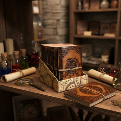 Esoteric Embossed Leather Notebooks – 15x11 CM, cuadernos de cuero genuino con grabado en relieve estilo esotérico sobre mesa de estudio