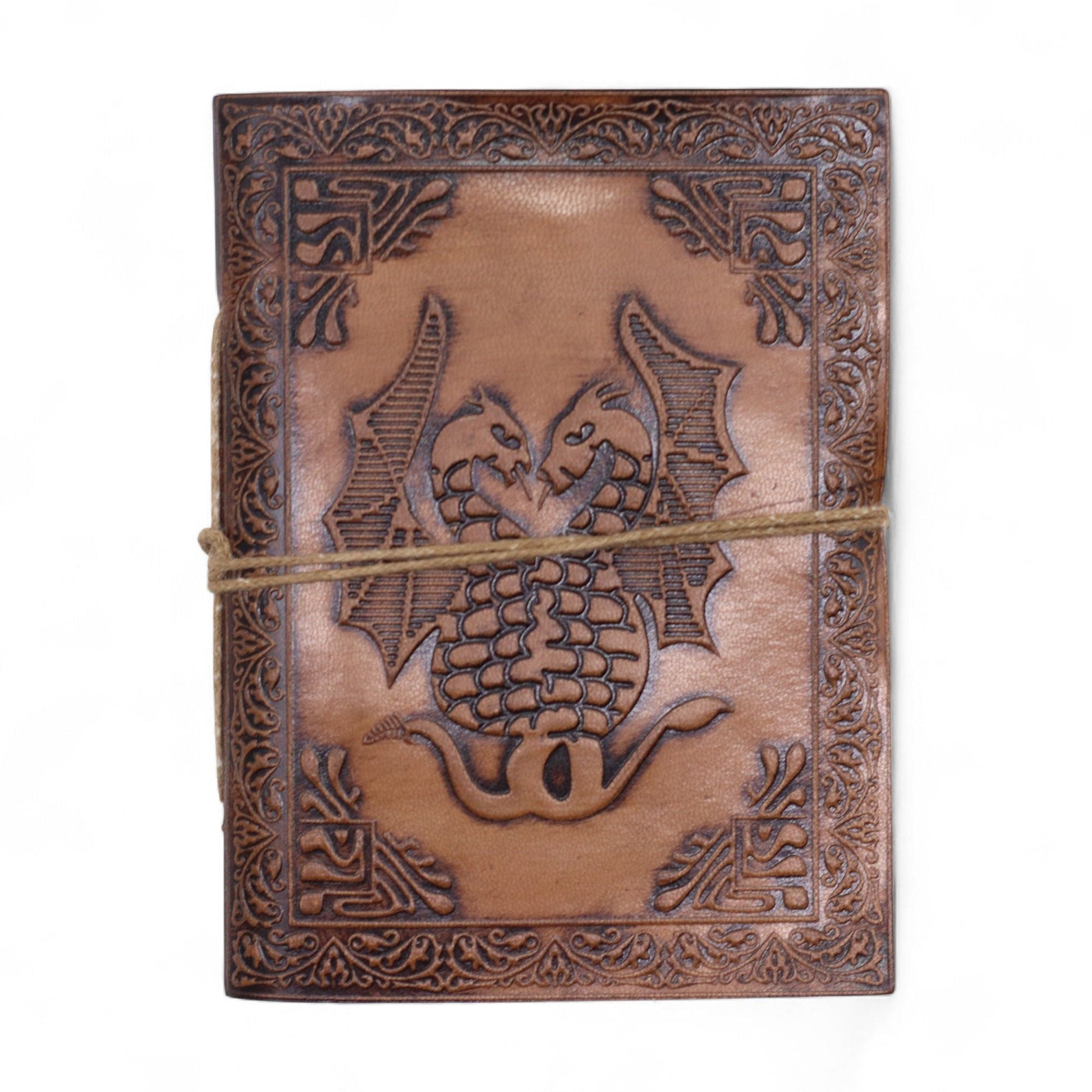 Esoteric Embossed Leather Notebooks – 15x11 CM cuaderno de cuero genuino marrón con grabado en relieve de dragón y cierre con cordón