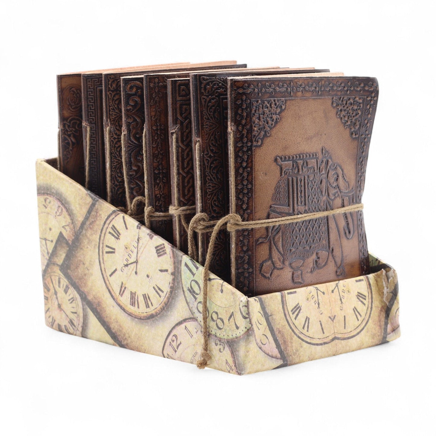 Alt Tag: Esoteric Embossed Leather Notebooks – 15x11 CM set of embossed leather journals in clock-print box, vintage design, genuine leather covers