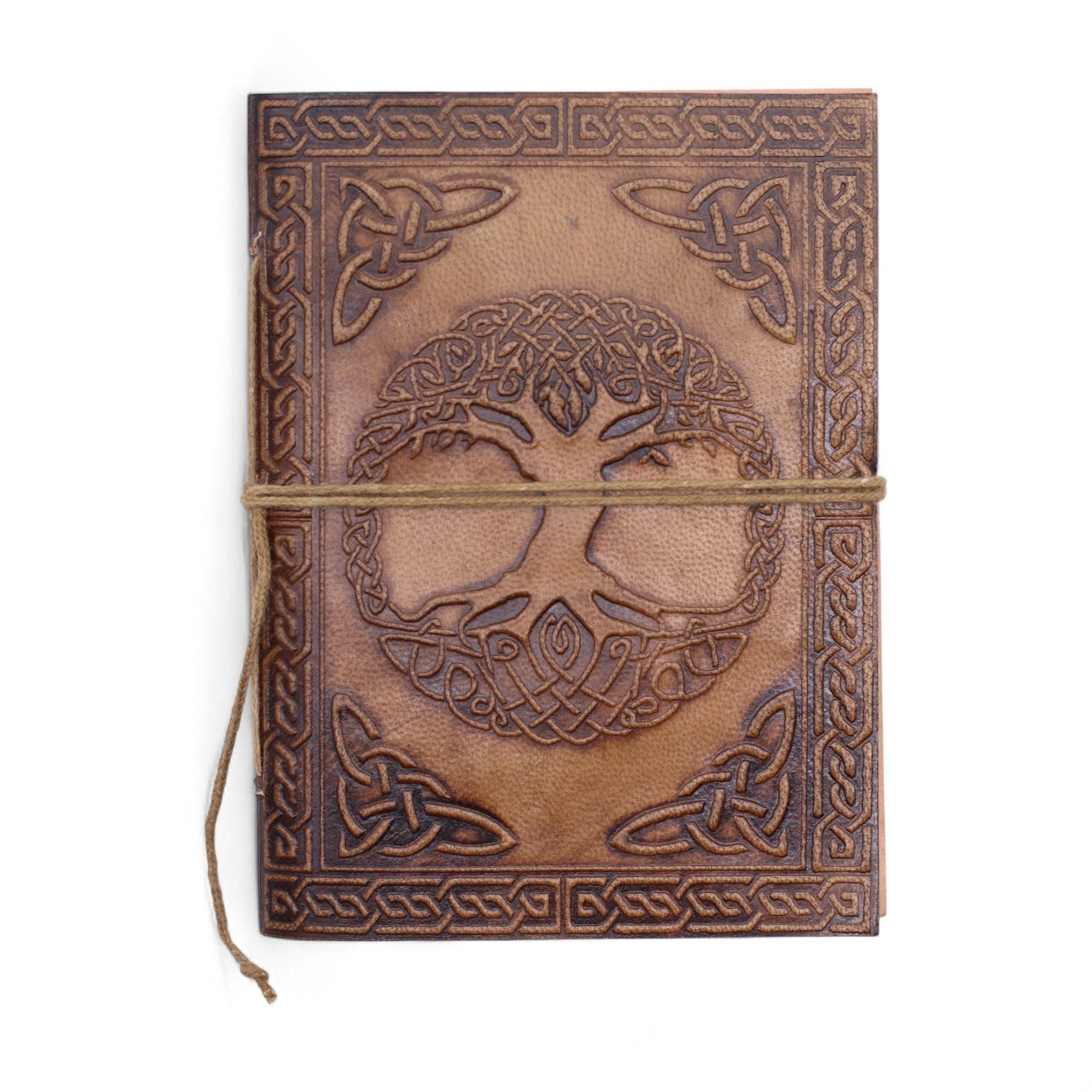 Esoteric Embossed Leather Notebooks – 15x11 CM, cuaderno de cuero con relieve Árbol de la Vida y cordón de cierre, tapa marrón