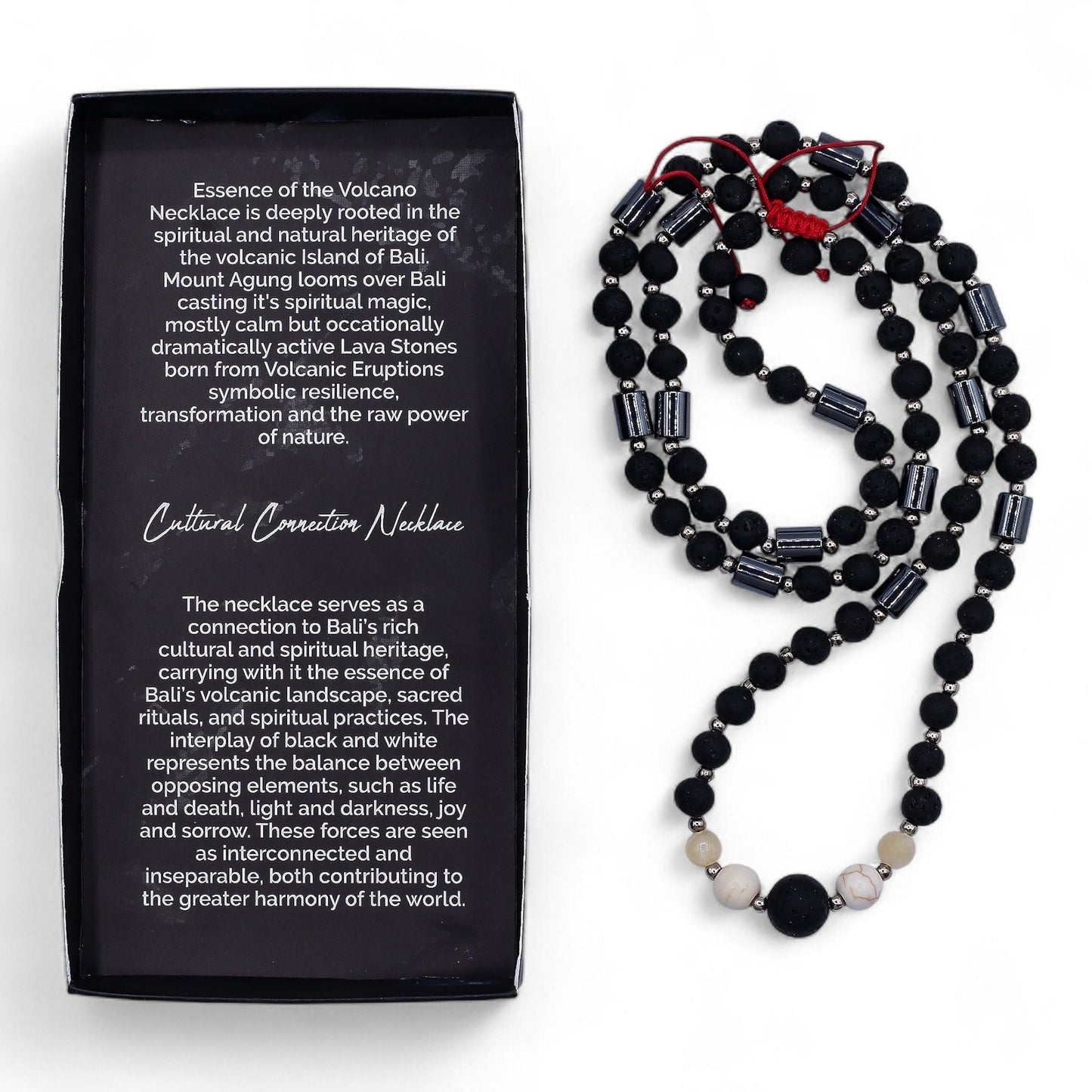 Alt Tag: Essence of the Volcano Necklace – Cultural Connection (Handmade Origin Piece) collar artesanal de cuentas de piedra lava volcánica con caja