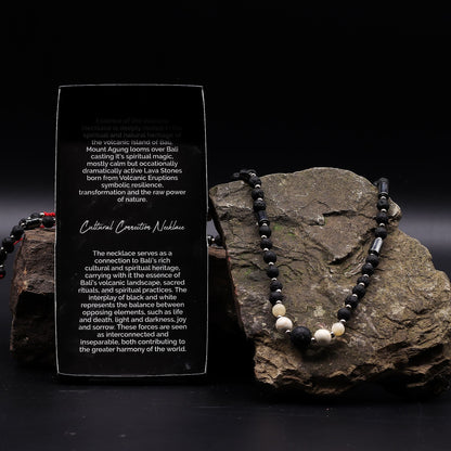 Alt Tag: Essence of the Volcano Necklace – Cultural Connection (Handmade Origin Piece) collar artesanal con cuentas de piedra de lava volcánica sobre roca