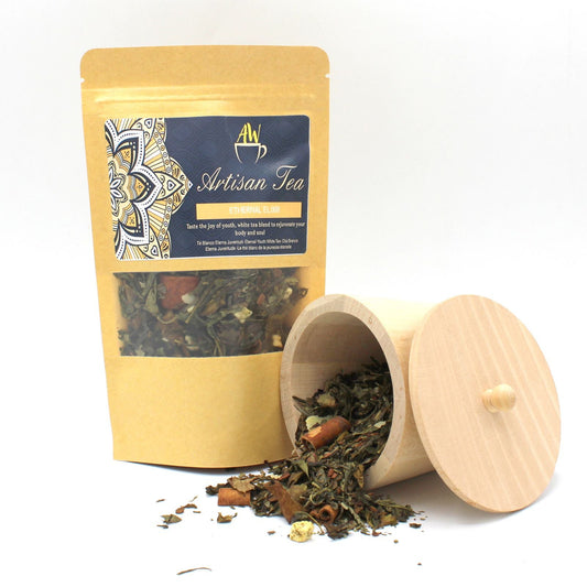 Alt Tag: Eternal Elixir White Tea Blend – 50 G bolsa de té artesanal con mezcla de té blanco y verde, notas de manzana y canela, 50 g
