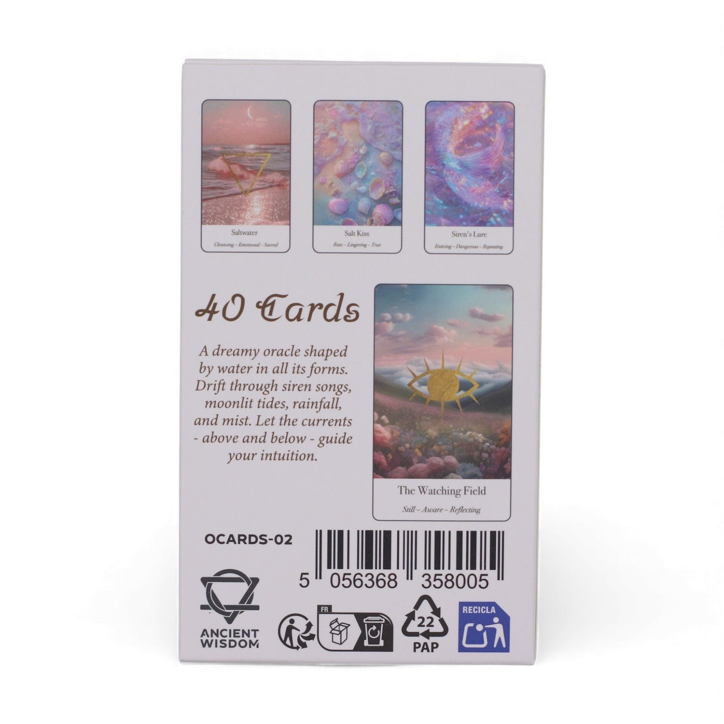 Ethereal Waters Oracle Cards – Sirens & Moonlight caja trasera con muestra de cartas, 40 cards, código de barras e iconos de reciclaje