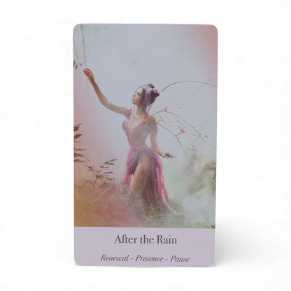 Alt Tag: Ethereal Waters Oracle Cards – Sirens & Moonlight “After the Rain” oracle card with ethereal woman in misty pastel scene