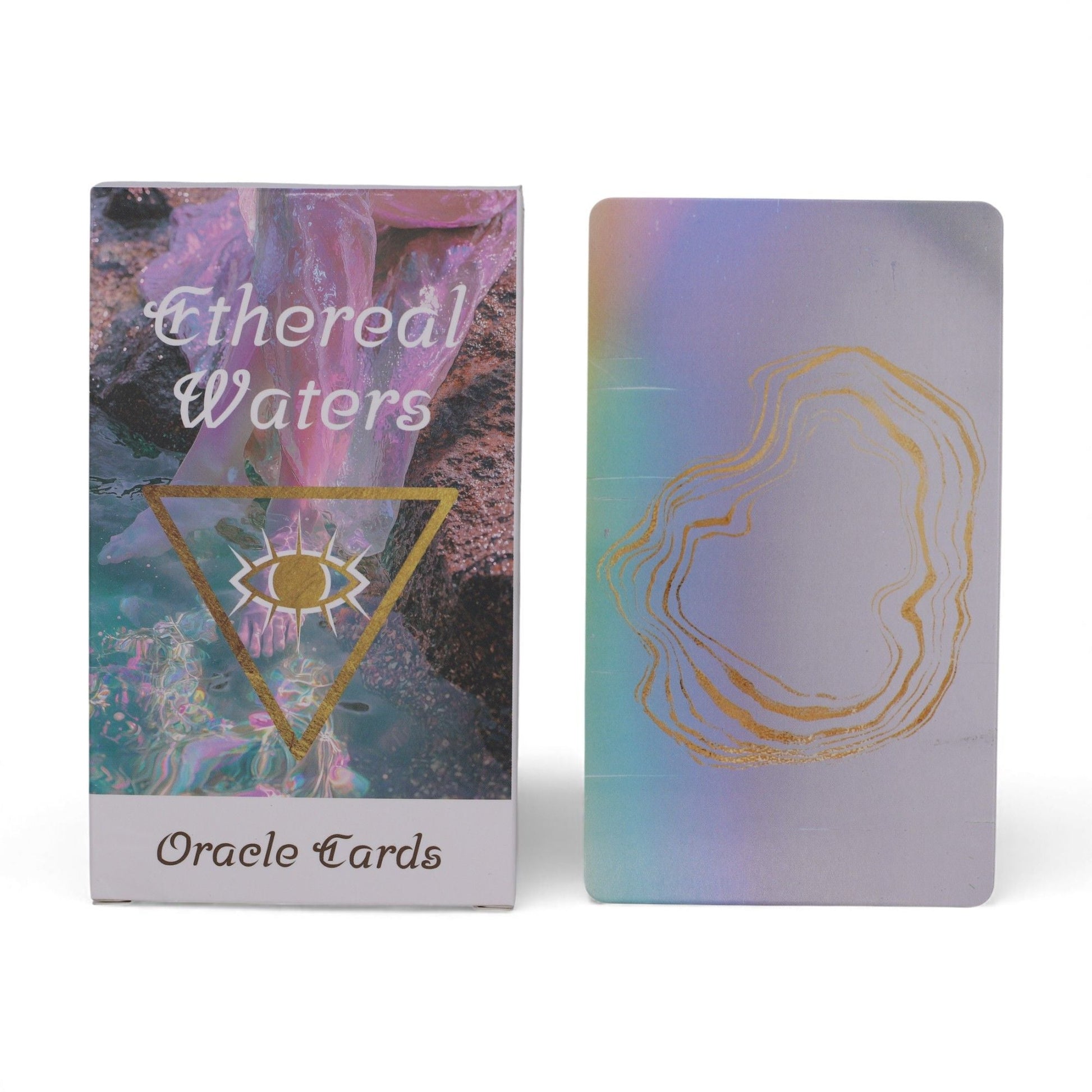 Alt Tag: Ethereal Waters Oracle Cards – Sirens & Moonlight deck box and card back with iridescent design and gold line art