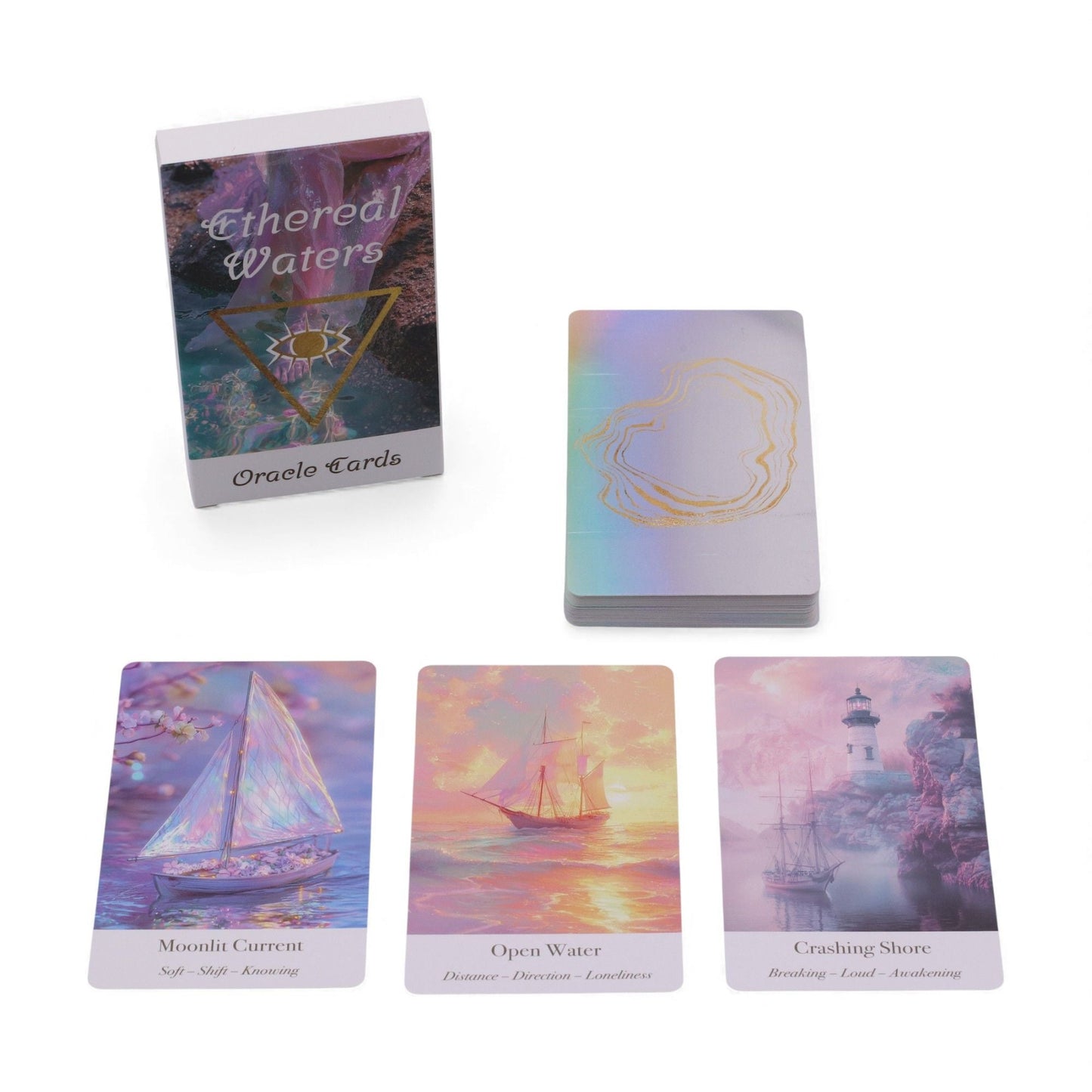 Ethereal Waters Oracle Cards – Sirens & Moonlight mazo de cartas oráculo con caja, reverso iridiscente y cartas con arte marino y lunar