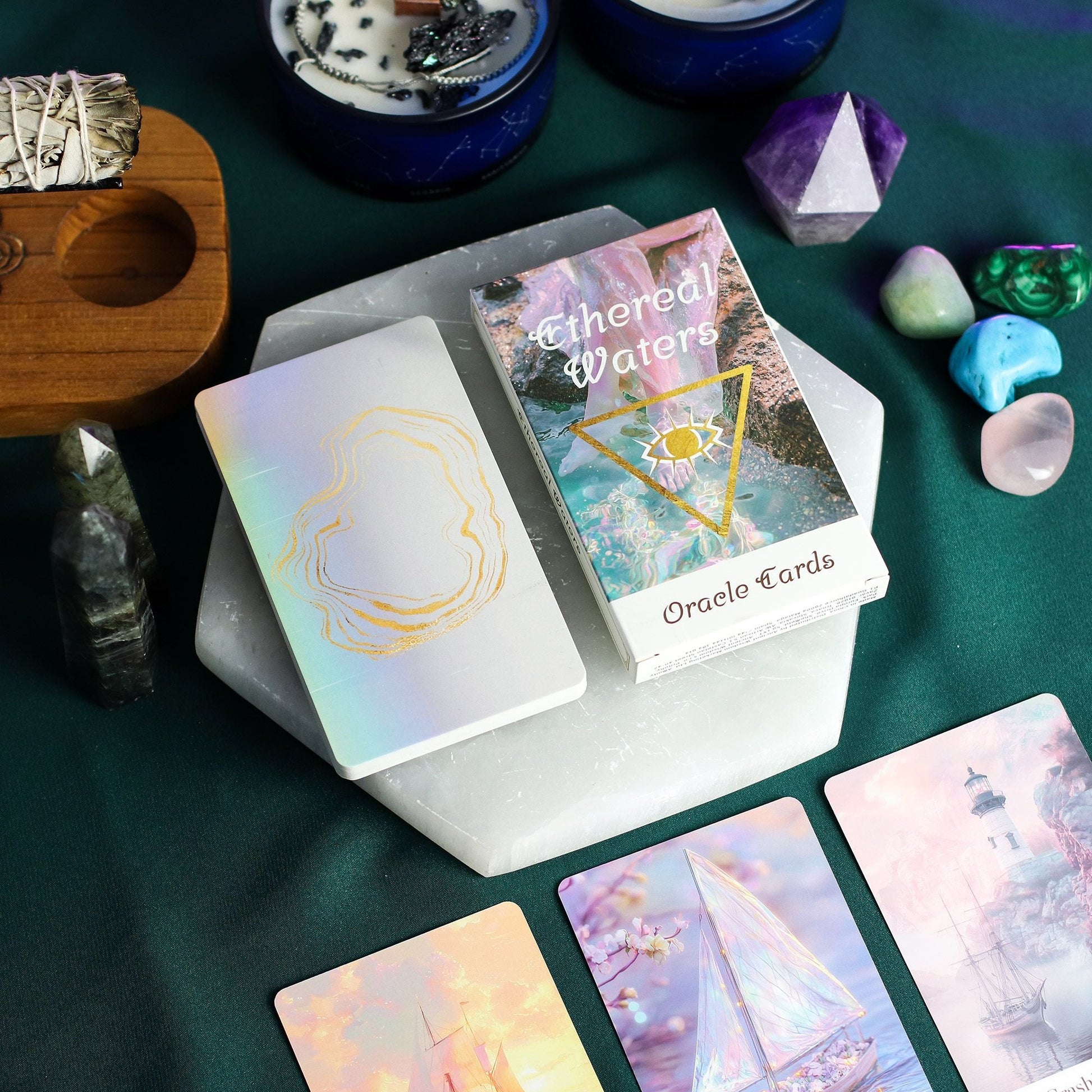 Ethereal Waters Oracle Cards – Sirens & Moonlight deck with box, cards and crystals on altar-style tabletop setup