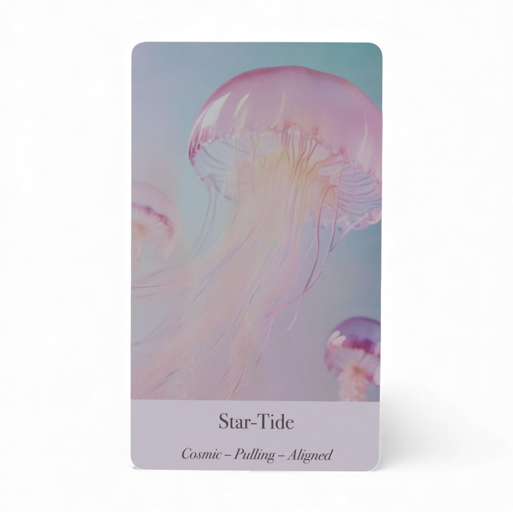 Alt Tag: Ethereal Waters Oracle Cards – Sirens & Moonlight carta Star-Tide con medusa en tonos pastel y texto Cosmic, Pulling, Aligned