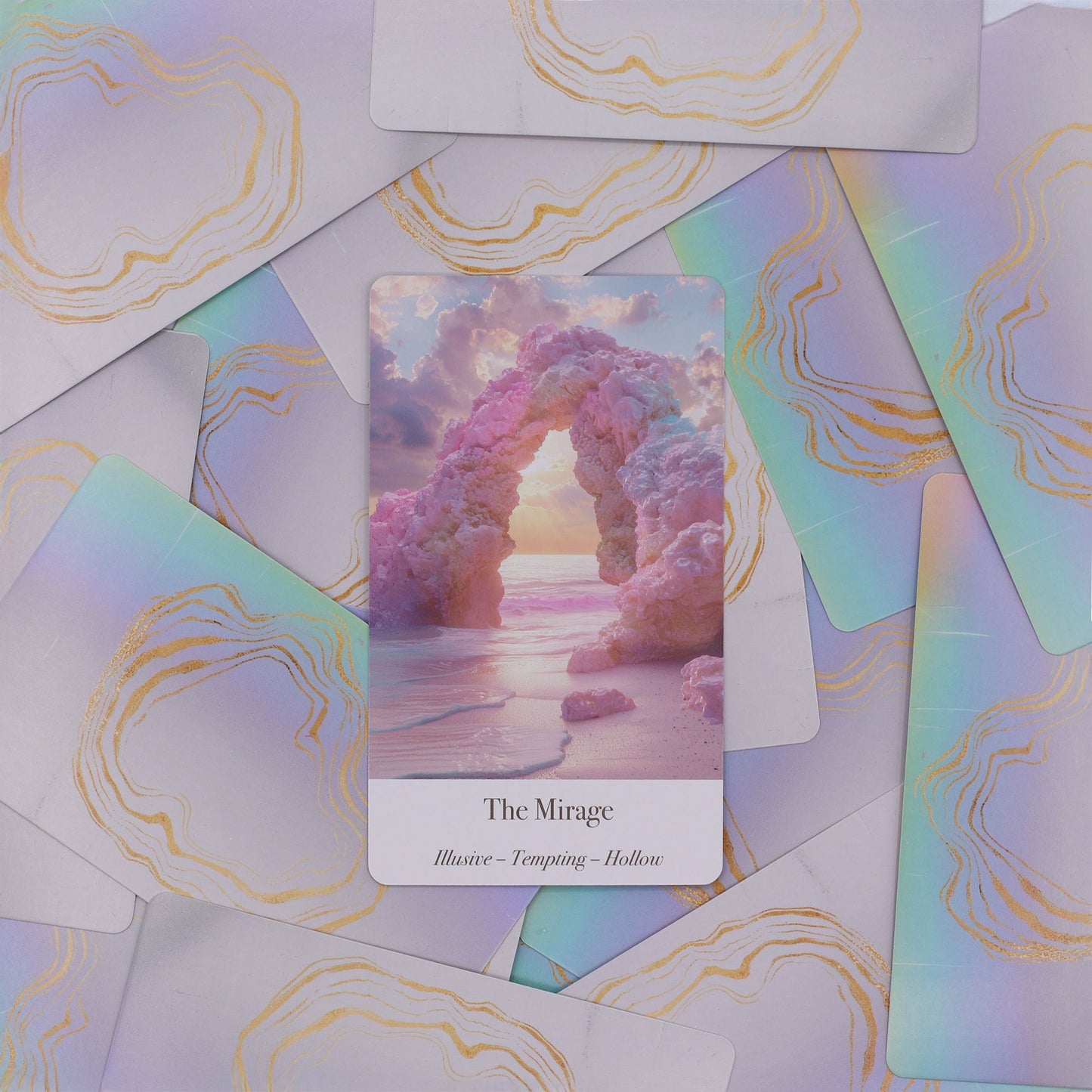 Alt Tag: Ethereal Waters Oracle Cards – Sirens & Moonlight deck, "The Mirage" oracle card with pastel sea arch illustration on iridescent cards