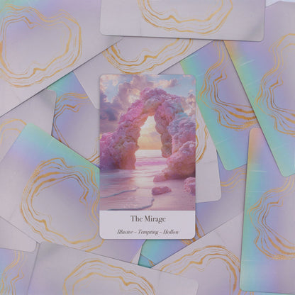 Alt Tag: Ethereal Waters Oracle Cards – Sirens & Moonlight deck, "The Mirage" oracle card with pastel sea arch illustration on iridescent cards