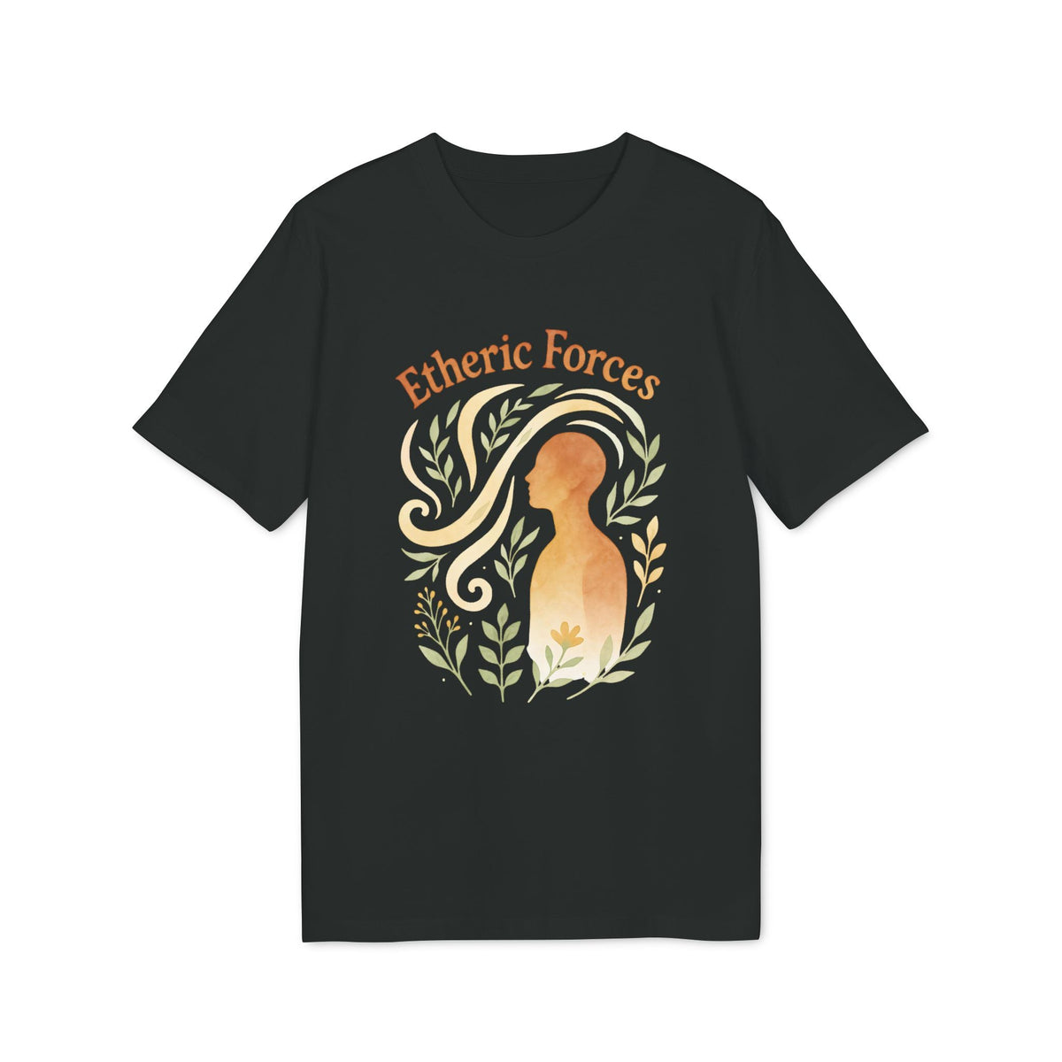 Alt Tag: Etheric Forces Waldorf 100% Organic Cotton T-Shirt negra con ilustración “Etheric Forces” y silueta humana entre hojas
