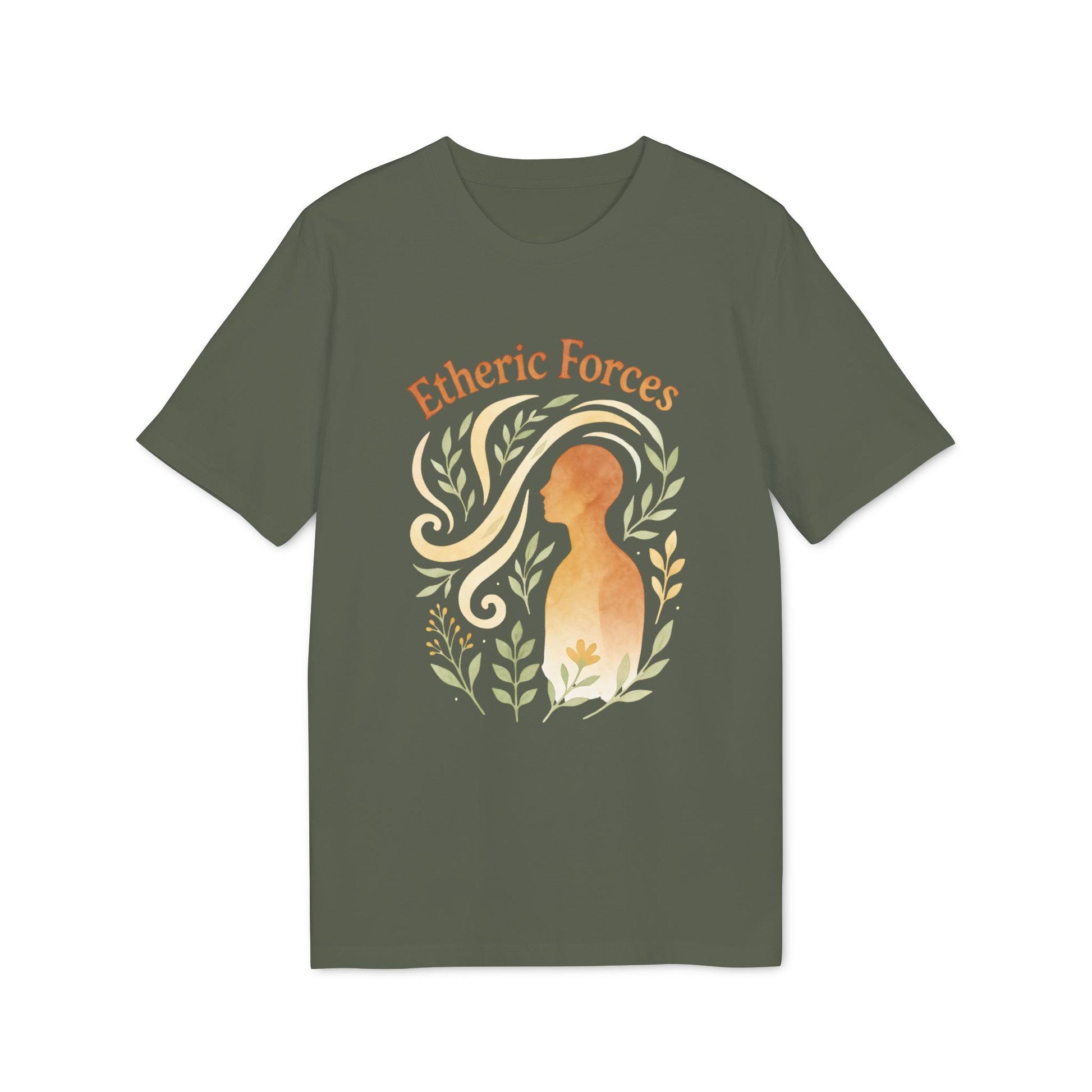 Etheric Forces Waldorf 100% Organic Cotton T-Shirt en verde oliva con gráfico artístico “Etheric Forces” y silueta humana