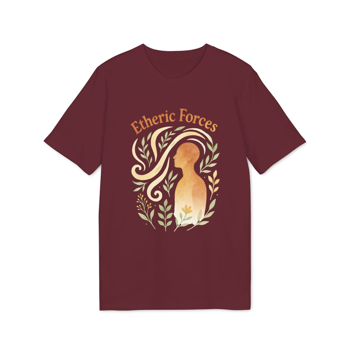Alt Tag: Etheric Forces Waldorf 100% Organic Cotton T-Shirt in burgundy with “Etheric Forces” graphic, leafy swirl and silhouette design