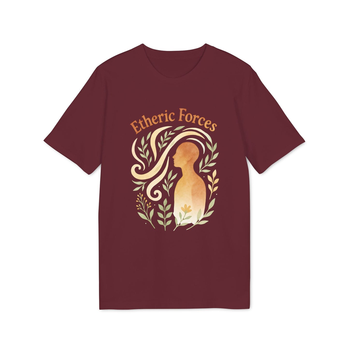 Alt Tag: Etheric Forces Waldorf 100% Organic Cotton T-Shirt in burgundy with “Etheric Forces” graphic, leafy swirl and silhouette design