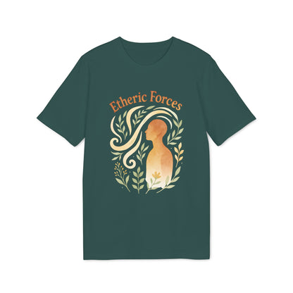 Alt Tag: Etheric Forces Waldorf 100% Organic Cotton T-Shirt verde oscuro con ilustración Etheric Forces, silueta humana y hojas