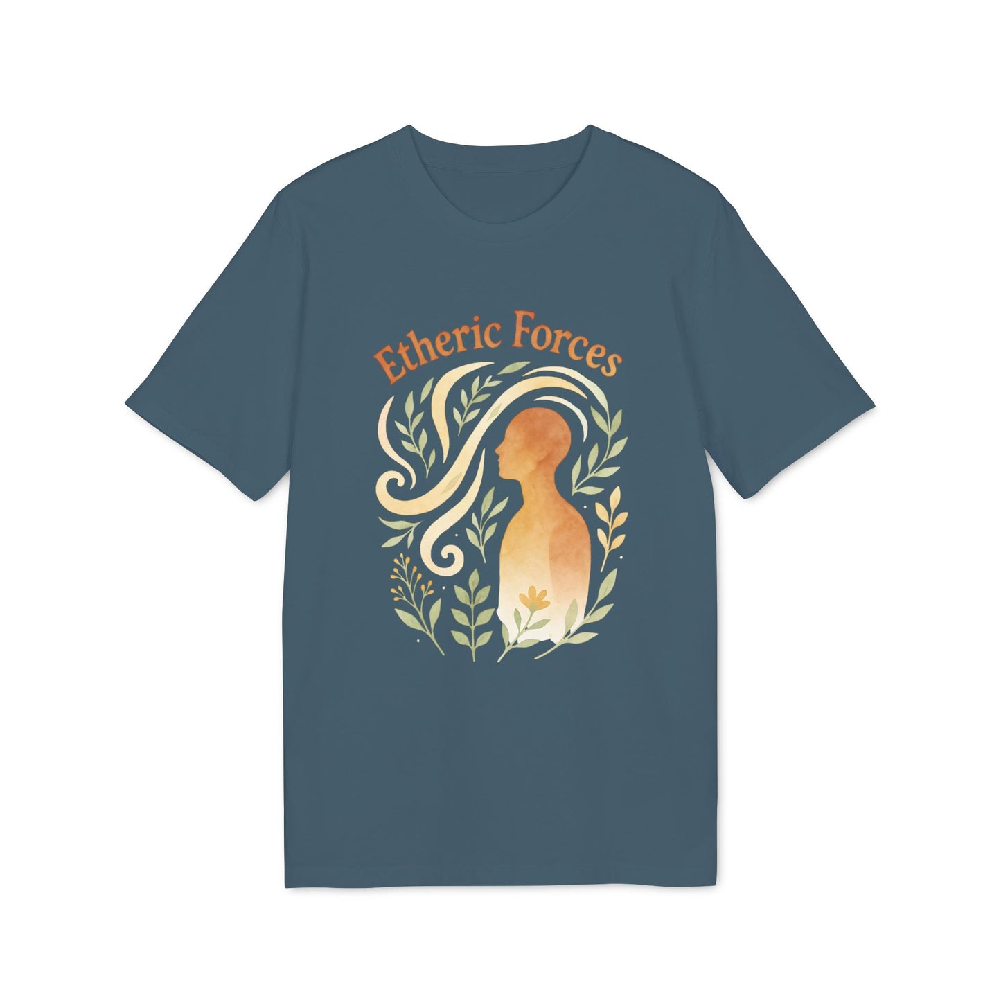 Etheric Forces Waldorf 100% Organic Cotton T-Shirt en azul con ilustración de figura humana y hojas, diseño “Etheric Forces”