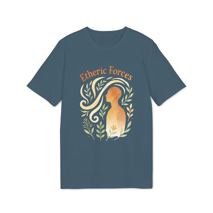 Etheric Forces Waldorf 100% Organic Cotton T-Shirt en azul con ilustración de figura humana y hojas, diseño “Etheric Forces”