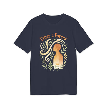 Alt Tag: Etheric Forces Waldorf 100% Organic Cotton T-Shirt navy tee with “Etheric Forces” graphic, silhouette and botanical swirl design