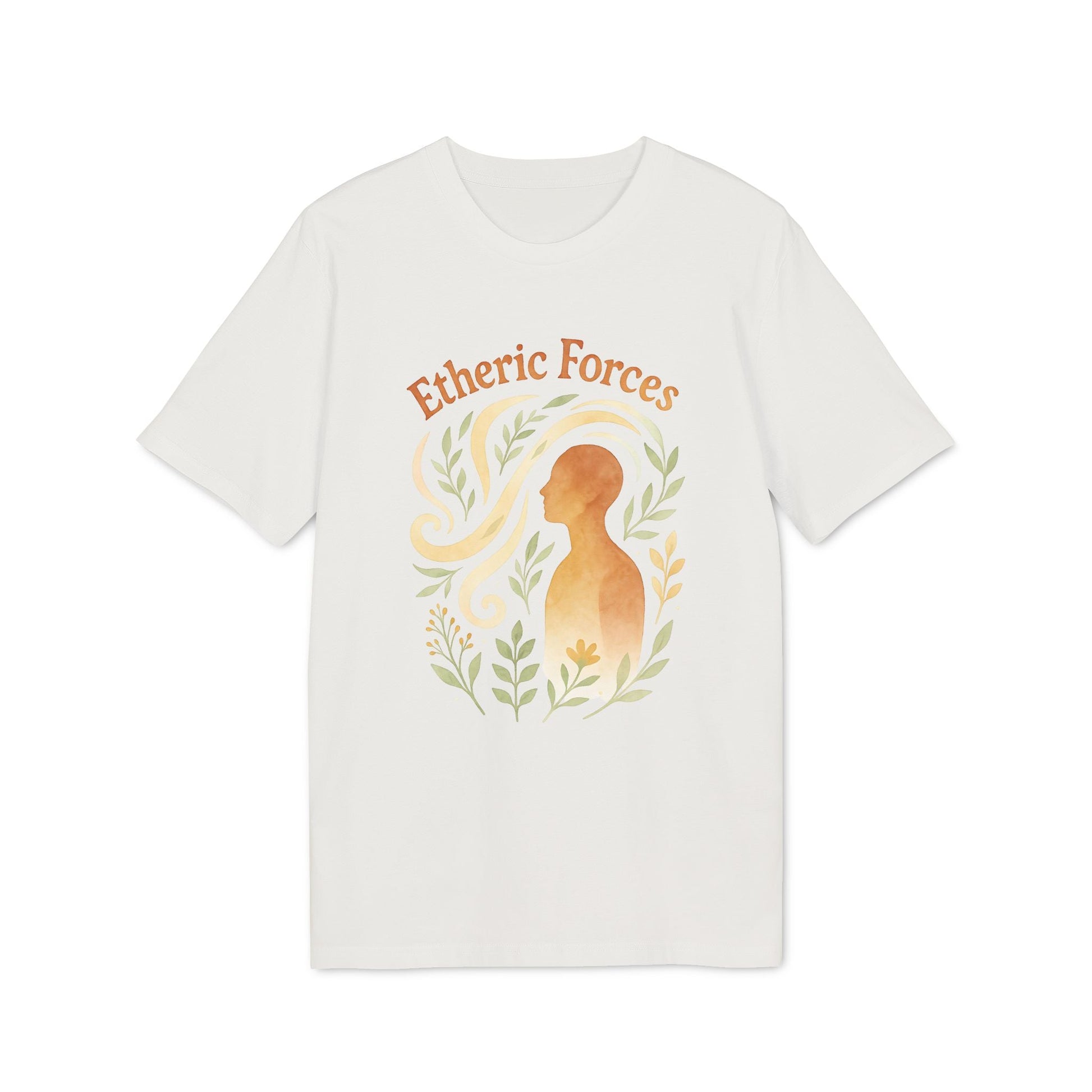 Etheric Forces Waldorf 100% Organic Cotton T-Shirt en color crema con gráfico Etheric Forces y silueta humana con hojas