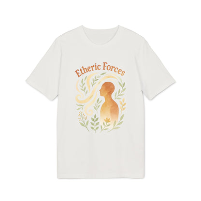 Etheric Forces Waldorf 100% Organic Cotton T-Shirt en color crema con gráfico Etheric Forces y silueta humana con hojas