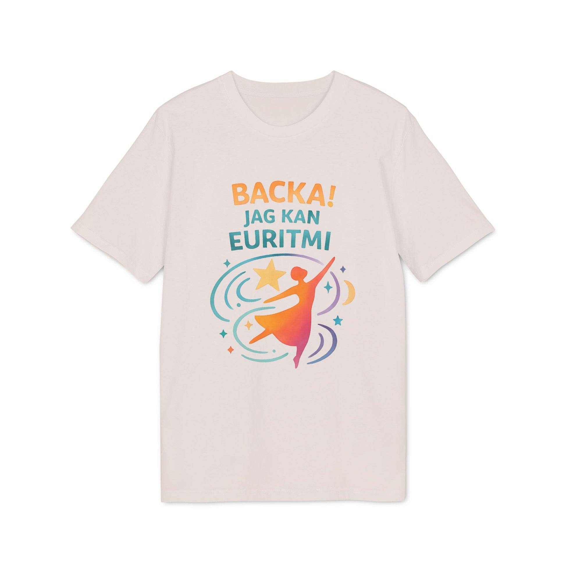 Alt Tag: Euritmi Waldorf Ekologist 100% Organic Cotton T-Shirt beige con estampado "Backa! Jag kan Euritmi" y figura de movimiento