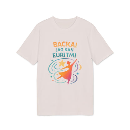 Alt Tag: Euritmi Waldorf Ekologist 100% Organic Cotton T-Shirt beige con estampado "Backa! Jag kan Euritmi" y figura de movimiento