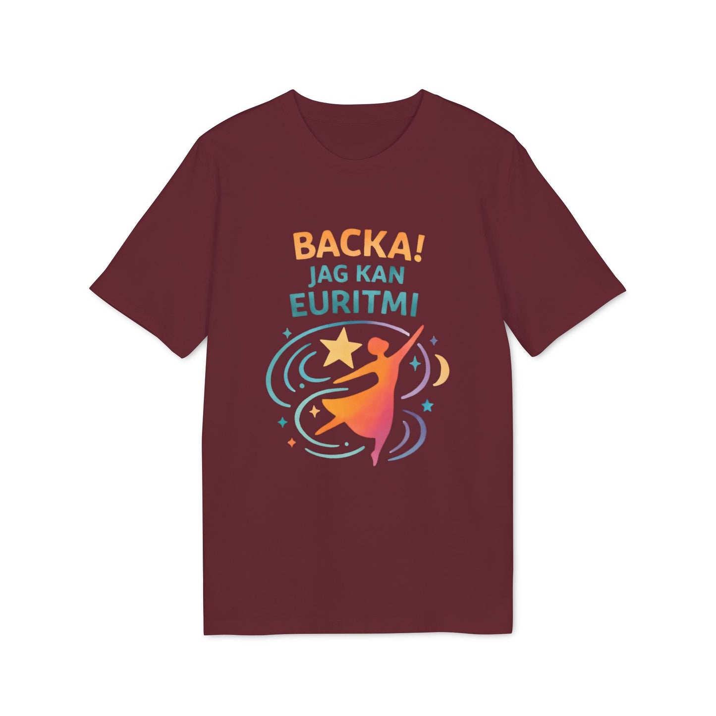 Euritmi Waldorf Ekologist 100% Organic Cotton T-Shirt granate con estampado “BACKA! JAG KAN EURITMI” y bailarina