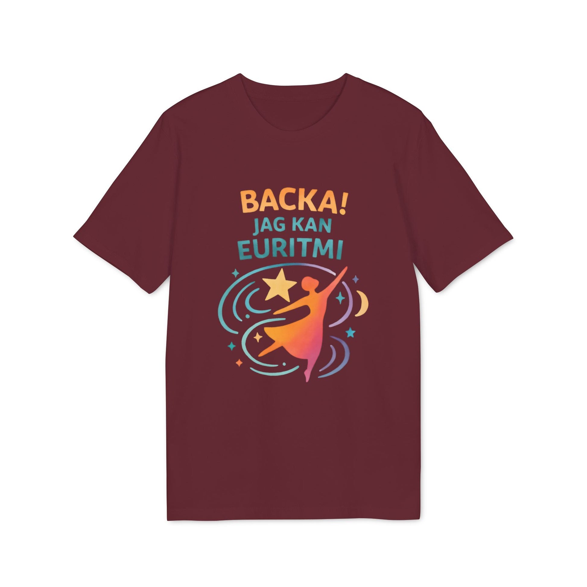 Euritmi Waldorf Ekologist 100% Organic Cotton T-Shirt granate con estampado “BACKA! JAG KAN EURITMI” y bailarina