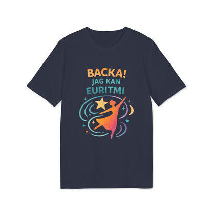Alt Tag: Euritmi Waldorf Ekologist 100% Organic Cotton T-Shirt navy graphic tee with dancer silhouette and Swedish text “BACKA! JAG KAN EURITMI!”
