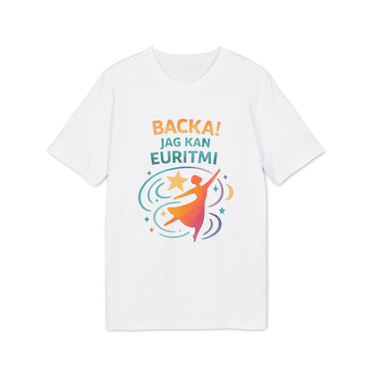 Euritmi Waldorf Ekologist 100% Organic Cotton T-Shirt blanco con estampado "BACKA! JAG KAN EURITMI" y silueta de danza con estrellas