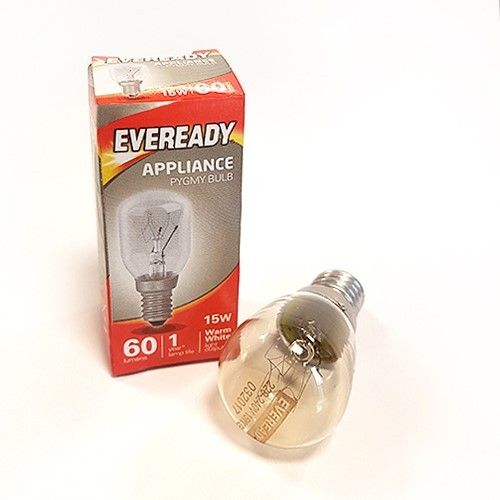 Eveready appliance pygmy bulb 8 with box, 60W 15W warm white light bulb on white background