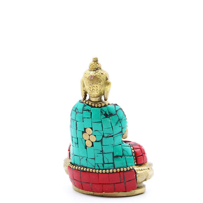 Exquisite Brass Buddha – 7.5 CM Blessing Figure, handcrafted brass statue with turquoise and red stone inlay, seated back view